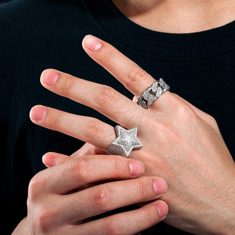 mens moissanite star pave ring, cuban link mens lab diamond ring, side view